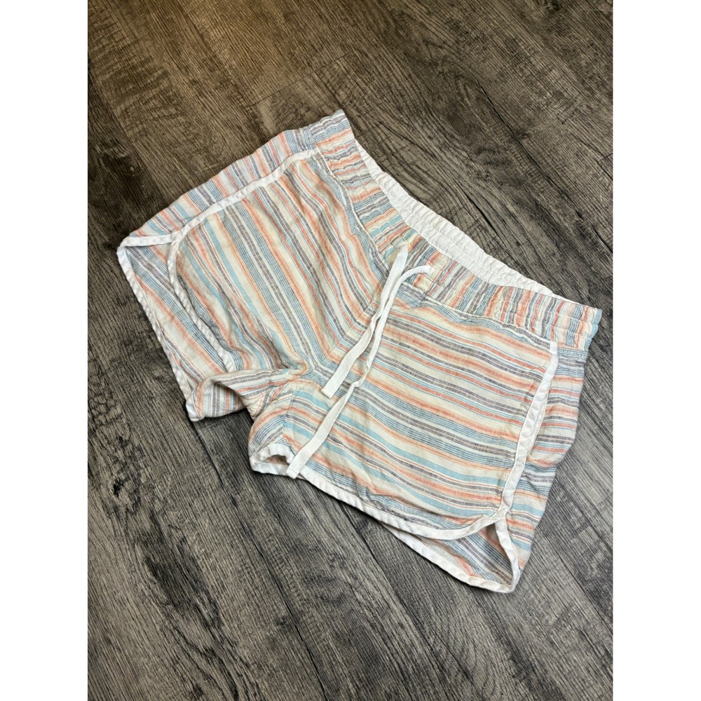 Athleta Striped 100% Linen Drawstring Shorts Size 10 Multi-Color Casual Summer